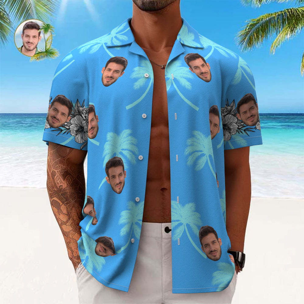 Custom Face Hawaiian Shirt Men's All Over Print Aloha Shirt Gift - Blue