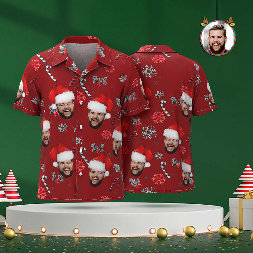 Custom Face Family Matching Hawaiian Outfit Christmas Pool Party Parent-child Wears - Christmas Shirts With Candy Canes For Family - FaceSocksUSA