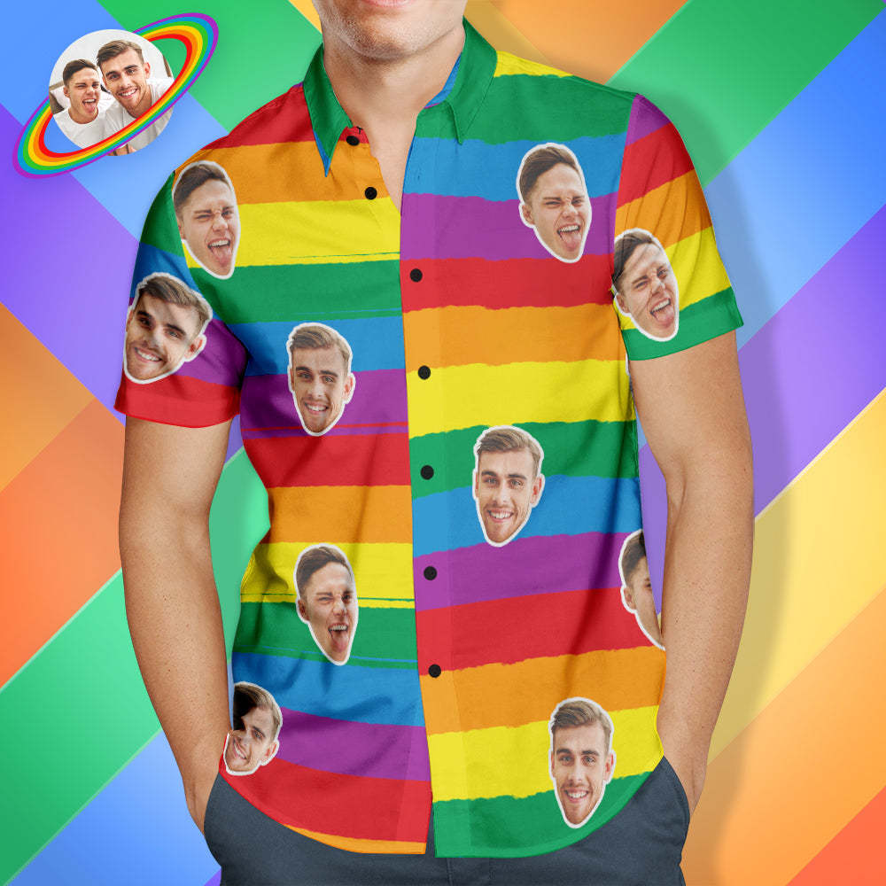 Custom Men's Hawaiian Shirts Personalized Gay Pride Shirt LGBTQ - Rainbow Color - FaceSocksUSA