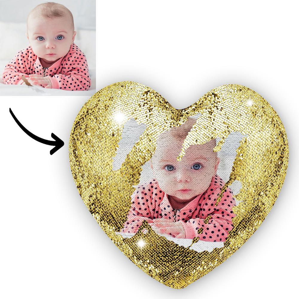 Custom Love Heart Grandkids Photo Magic Sequin Pillow for Grandparents - FaceSocksUSA