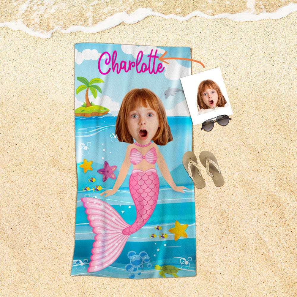 Custom Face Beach Towel Personalized Pink Mermaid Beach Towel Funny Gift for Summer - GiftLab