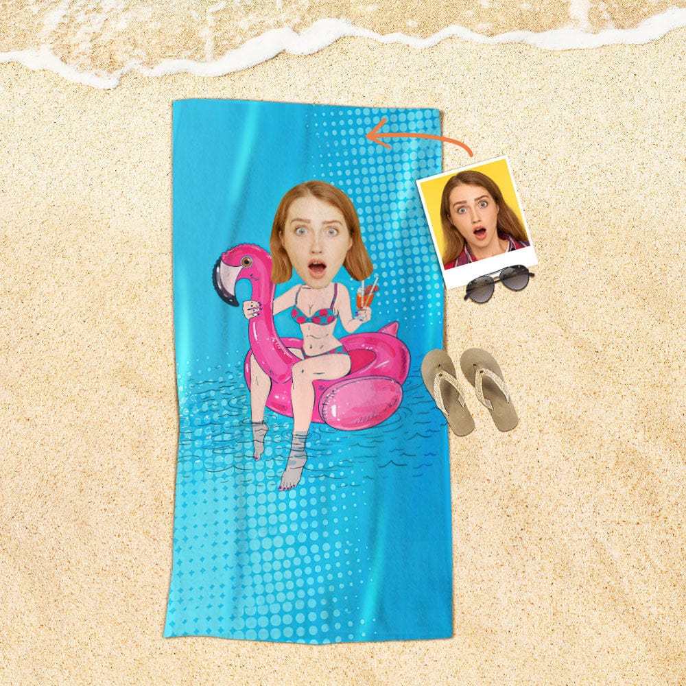 Custom Face Beach Towel Personalized Flamingo Swim Ring Bikini Girl Beach Towel Funny Gift for Summer - GiftLab