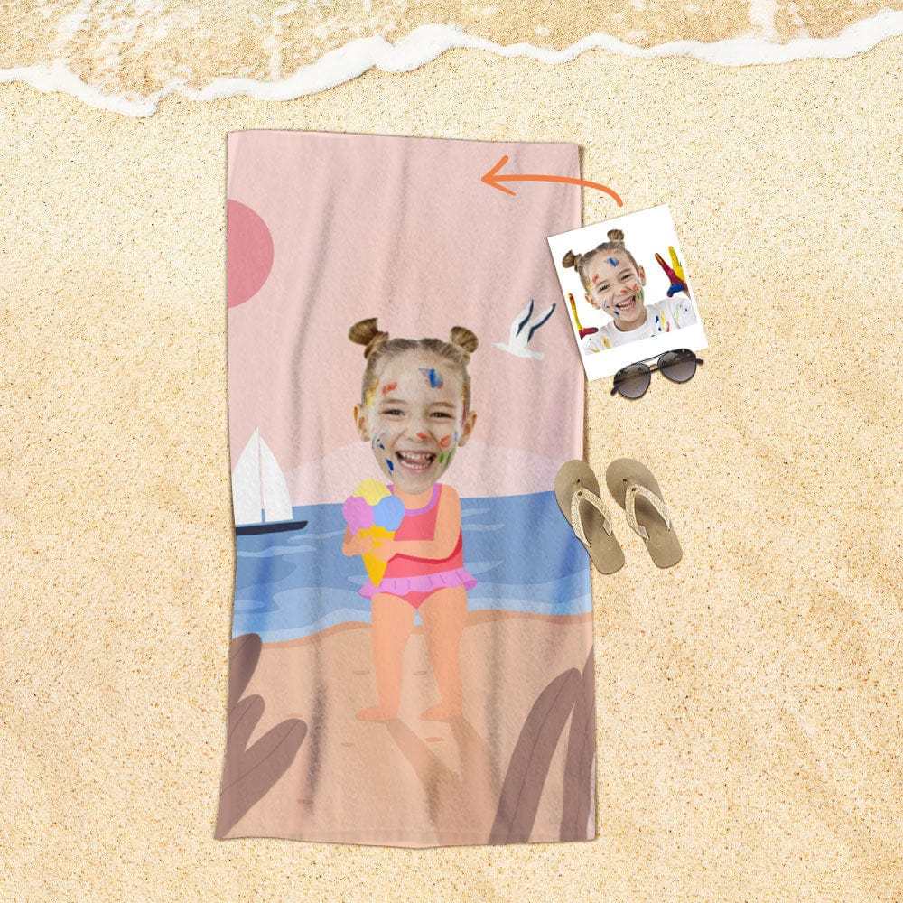 Custom Face Beach Towel Personalized Ice Cream Girl Beach Towel Funny Gift for Summer - GiftLab
