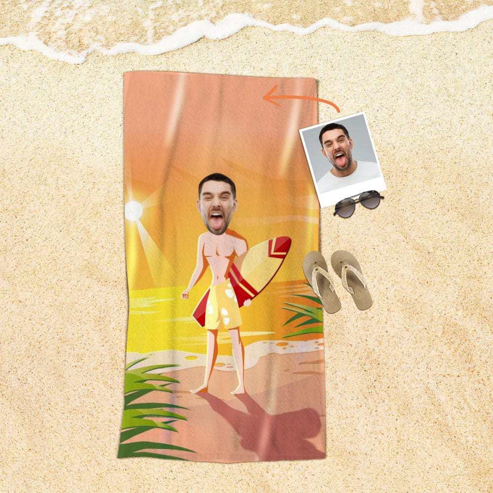 Custom Face Beach Towel Personalized Summer Surf Boy Beach Towel Funny Gift for Summer - GiftLab