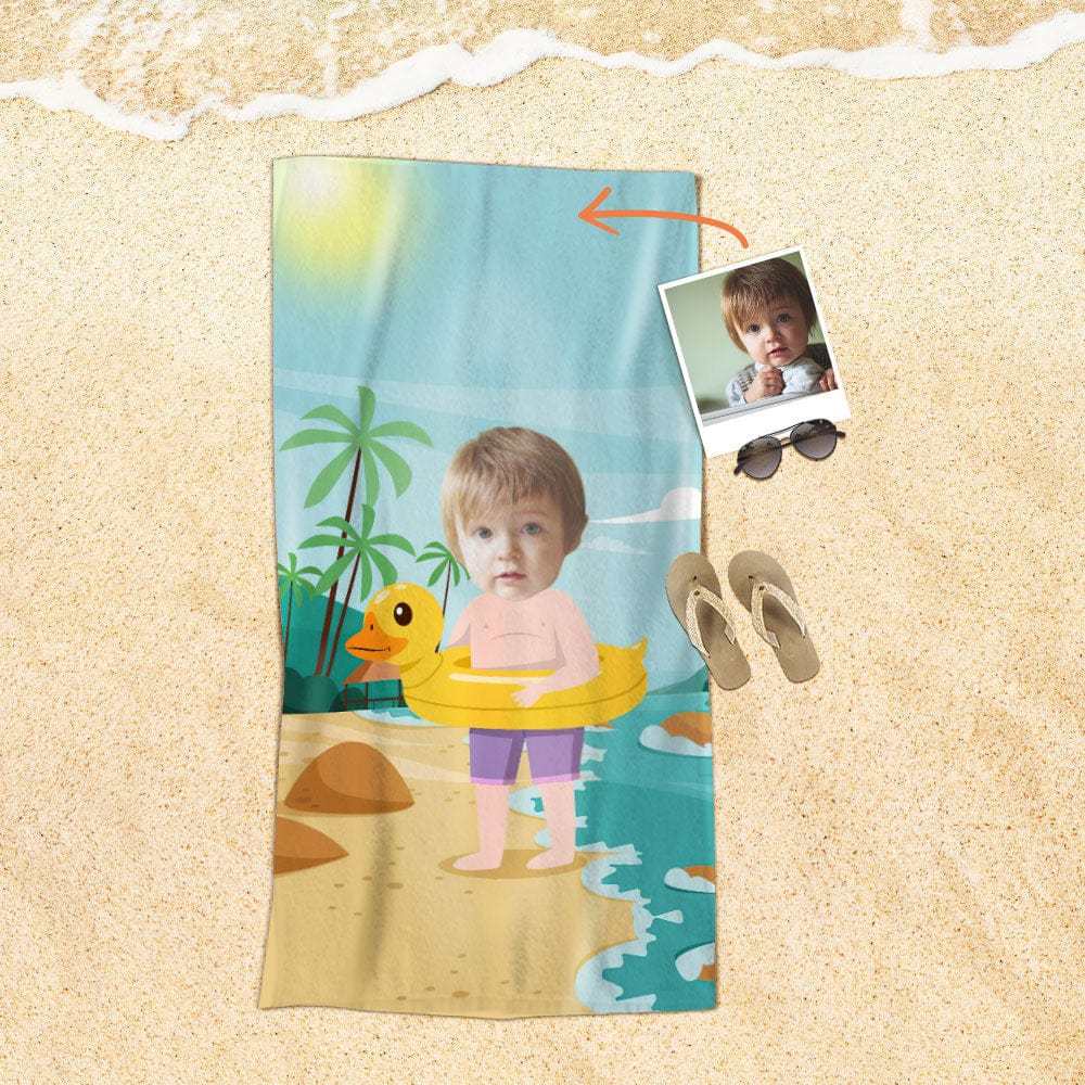Custom Face Beach Towel Personalized Duck Swim Ring Boy Beach Towel Funny Gift for Summer - GiftLab