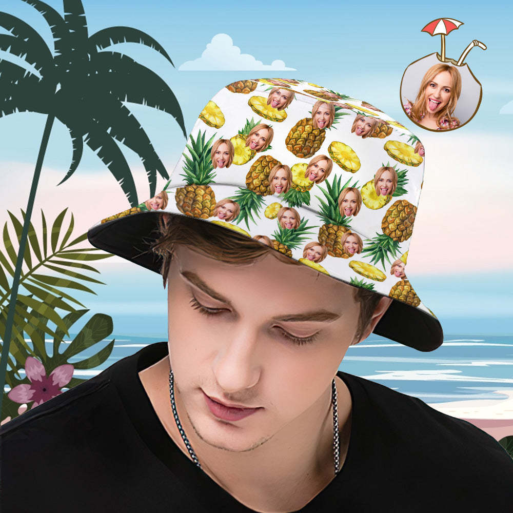 Custom Bucket Hat Personalized Face All Over Print Tropical Flower Print Hawaiian Fisherman Hat - Pineapple - FaceSocksUSA