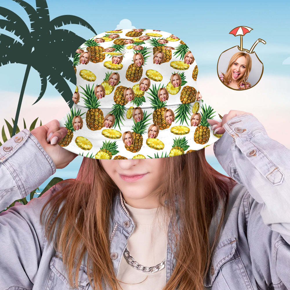 Custom Bucket Hat Personalized Face All Over Print Tropical Flower Print Hawaiian Fisherman Hat - Pineapple - FaceSocksUSA