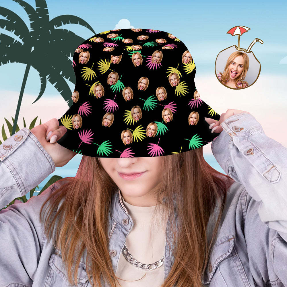 Custom Bucket Hat Personalized Face All Over Print Tropical Flower Print Hawaiian Fisherman Hat - Colorful Leaves - FaceSocksUSA