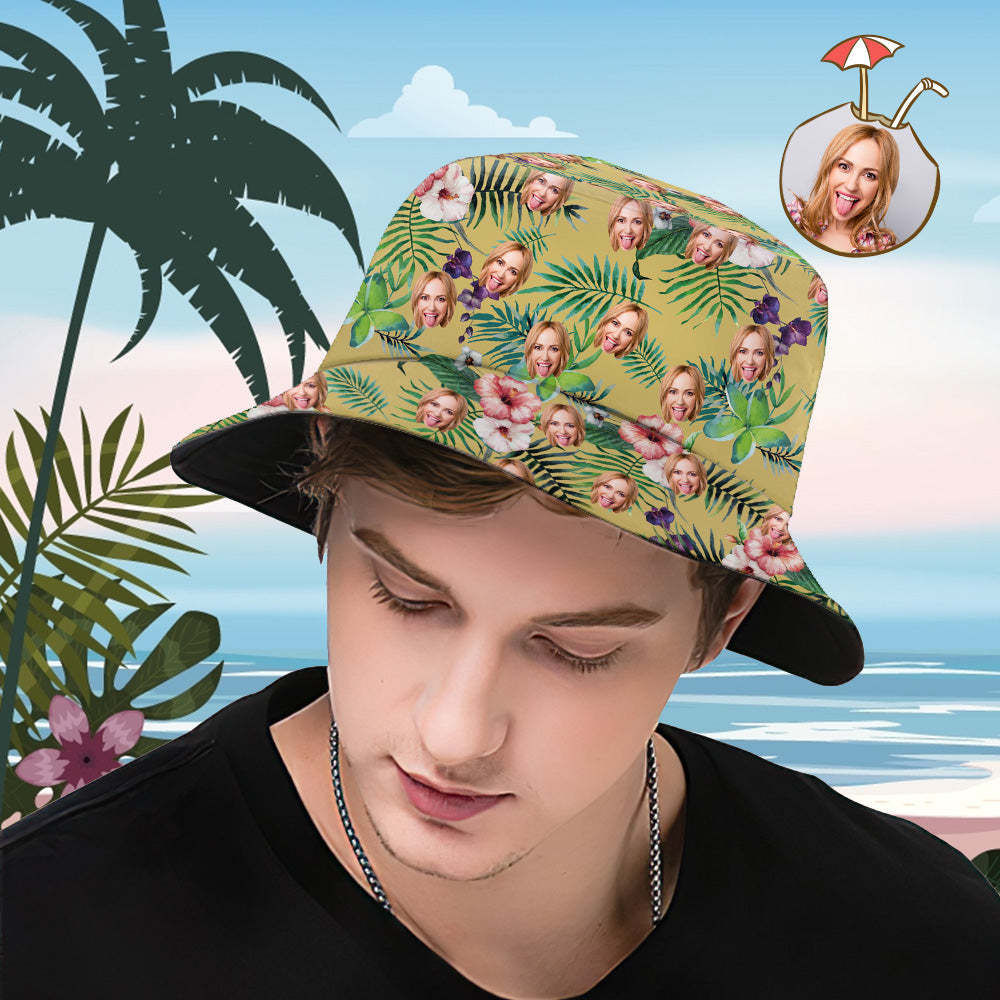 Custom Bucket Hat Personalized Face All Over Print Tropical Flower Print Hawaiian Fisherman Hat - Yellow - FaceSocksUSA