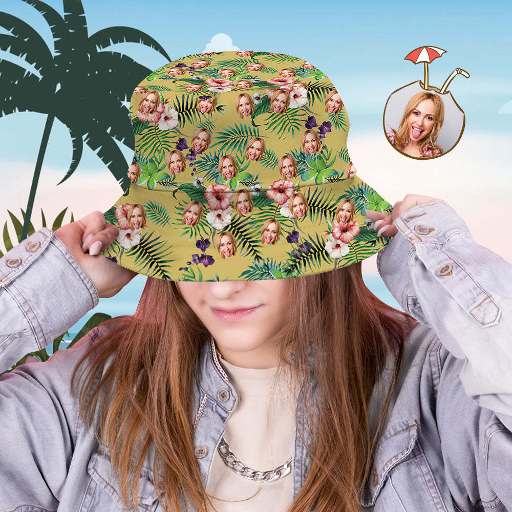 Custom Bucket Hat Personalized Face All Over Print Tropical Flower Print Hawaiian Fisherman Hat - Yellow - FaceSocksUSA