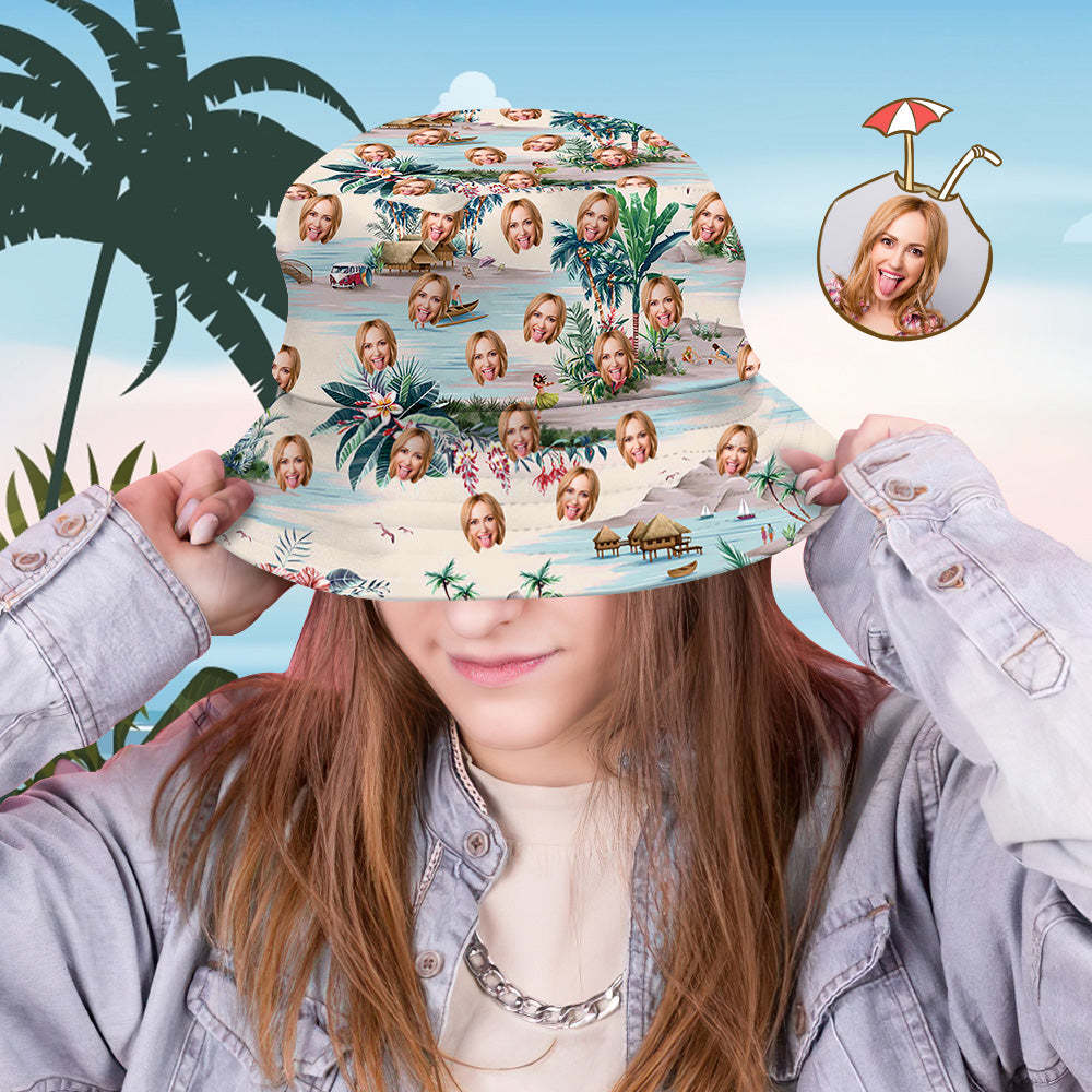 Custom Bucket Hat Personalized Face All Over Print Tropical Flower Print Hawaiian Fisherman Hat - Sea View - FaceSocksUSA