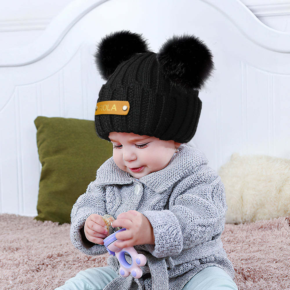 Personalized Beanie Hat Custom Baby Name Leather Patch Knit Cap for Baby Gift - FaceSocksUsa