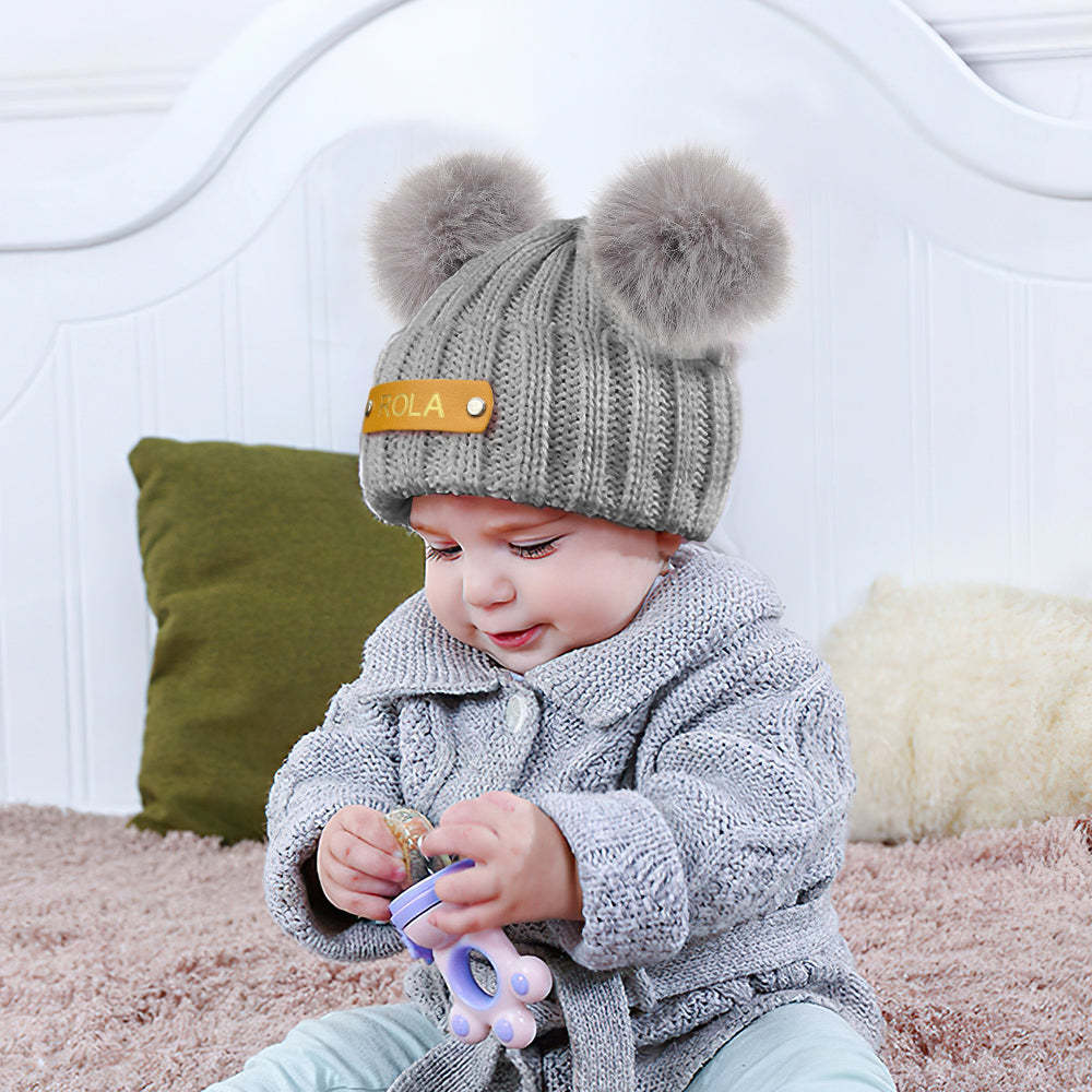 Personalized Beanie Hat Custom Baby Name Leather Patch Knit Cap for Baby Gift - FaceSocksUsa