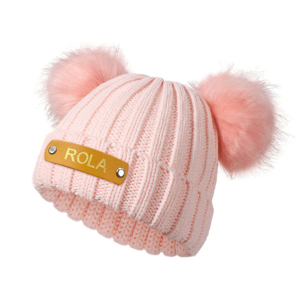 Personalized Beanie Hat Custom Baby Name Leather Patch Knit Cap for Baby Gift - FaceSocksUsa