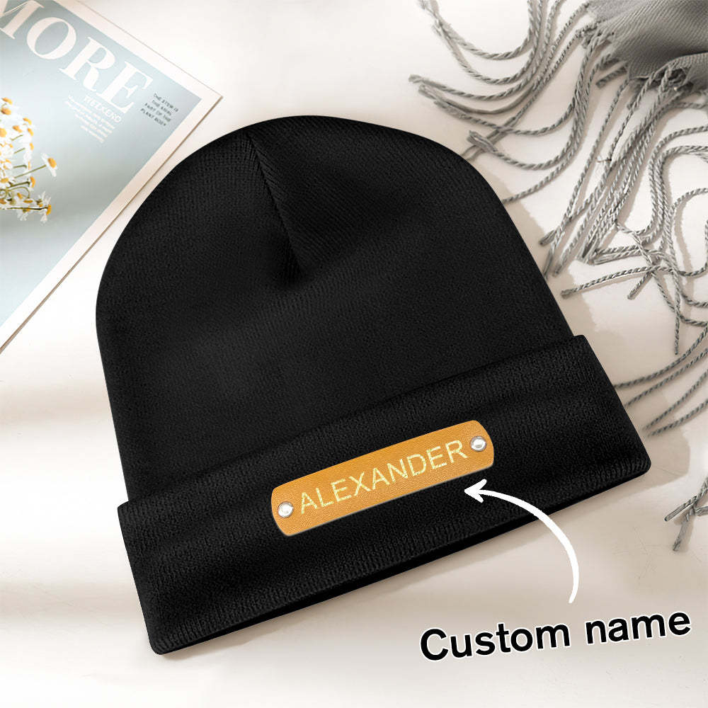 Custom Beanie Hat Unisex Leather Patch Knitted Hat Winter Warm Cap for Adult - FaceSocksUsa