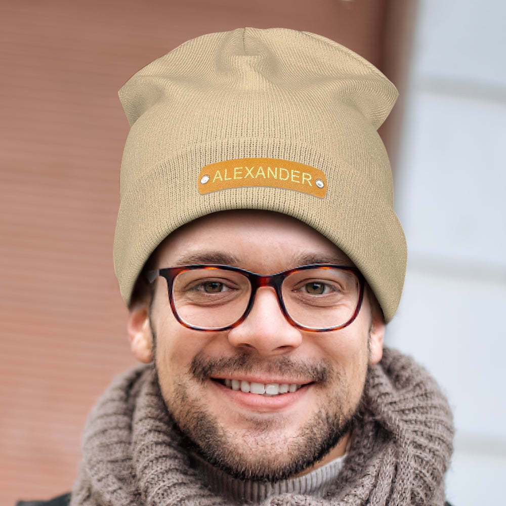 Custom Beanie Hat Unisex Leather Patch Knitted Hat Winter Warm Cap for Adult - FaceSocksUsa