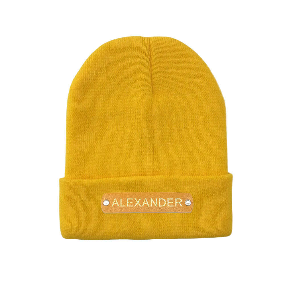 Custom Beanie Hat Unisex Leather Patch Knitted Hat Winter Warm Cap for Adult - FaceSocksUsa