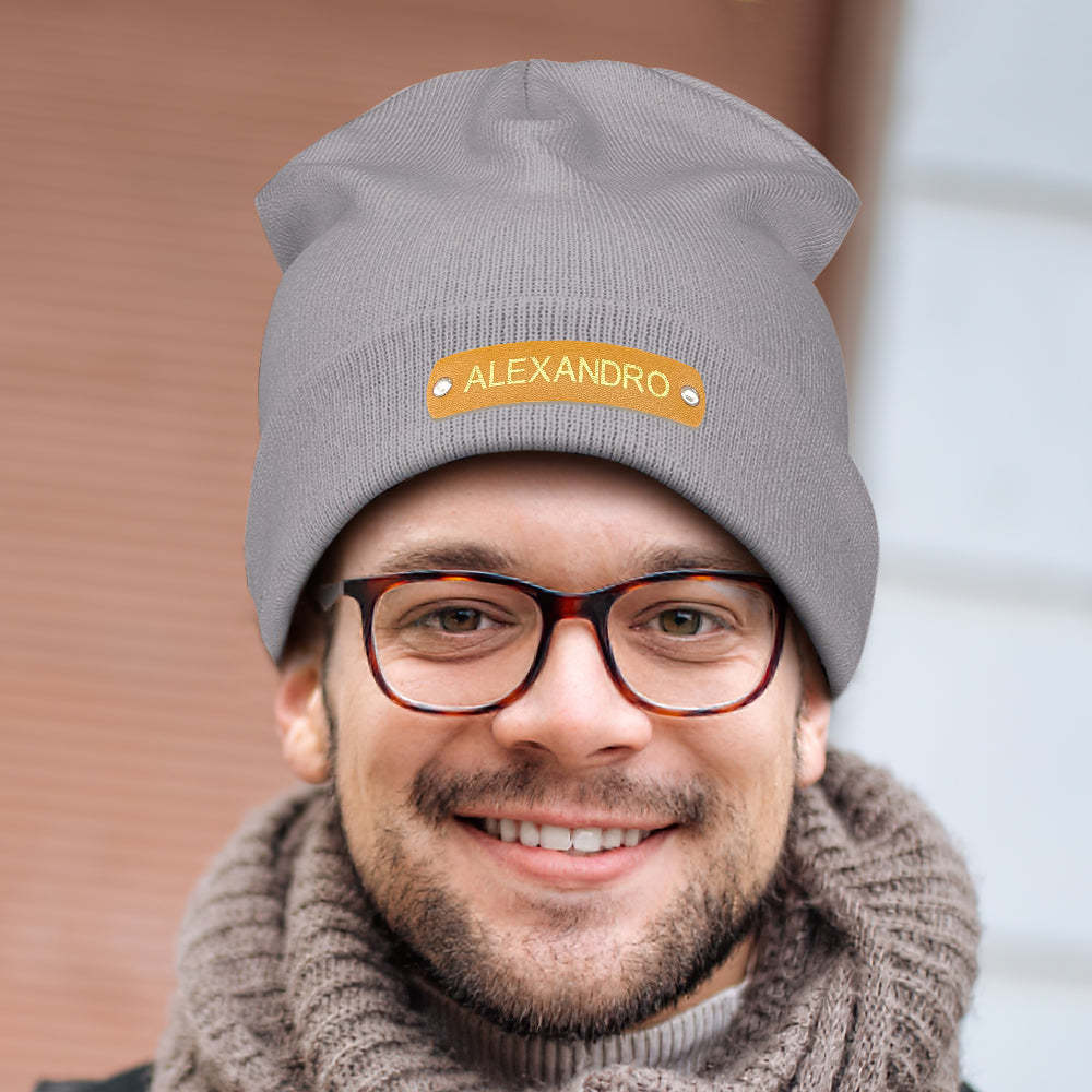 Custom Beanie Hat Unisex Leather Patch Knitted Hat Winter Warm Cap for Adult - FaceSocksUsa