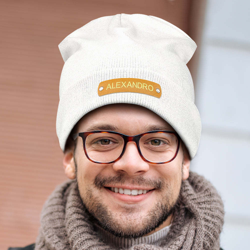 Custom Beanie Hat Unisex Leather Patch Knitted Hat Winter Warm Cap for Adult - FaceSocksUsa