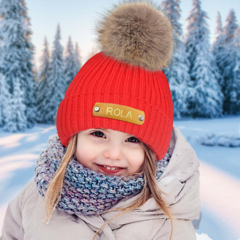 Personalized Kid Beanie Hat Custom Name Leather Patch Toddler Knit Cap for Girls Boys - FaceSocksUsa