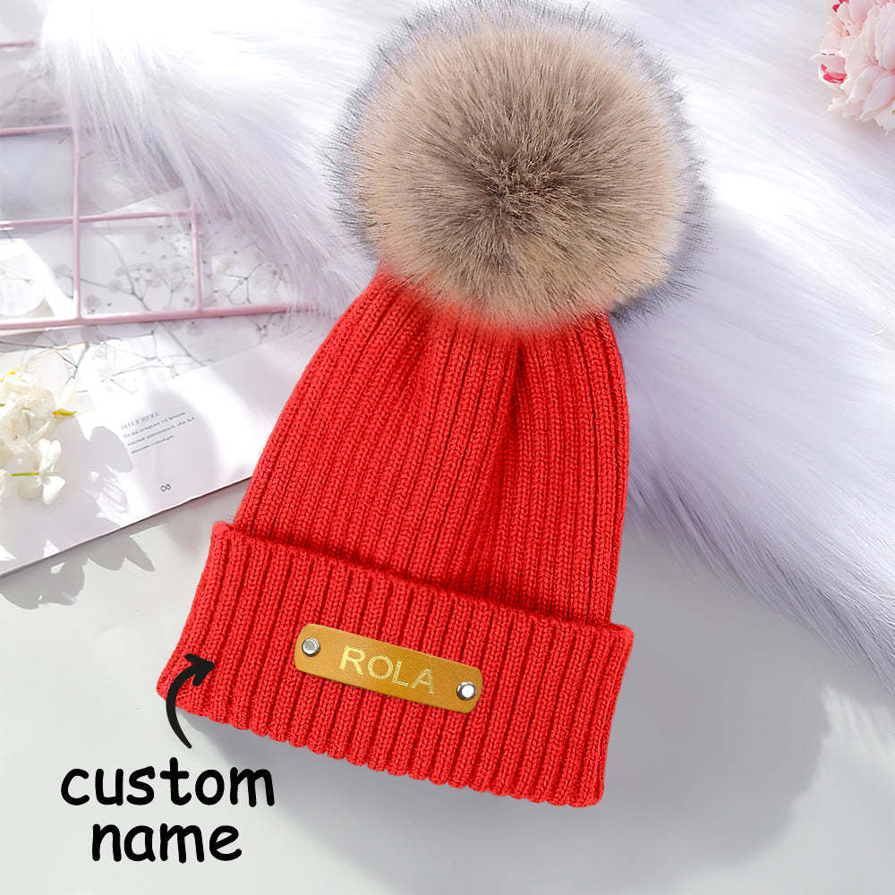 Personalized Kid Beanie Hat Custom Name Leather Patch Toddler Knit Cap for Girls Boys - FaceSocksUsa