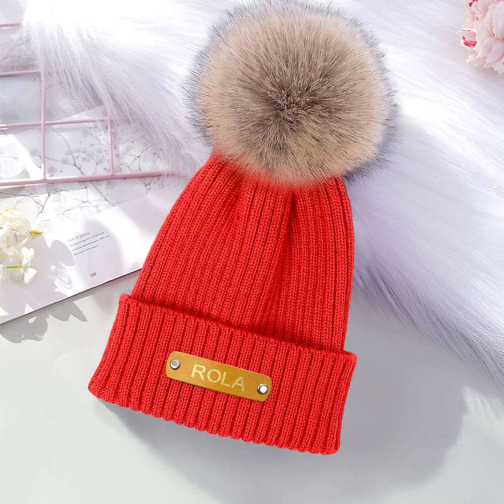 Personalized Kid Beanie Hat Custom Name Leather Patch Toddler Knit Cap for Girls Boys - FaceSocksUsa