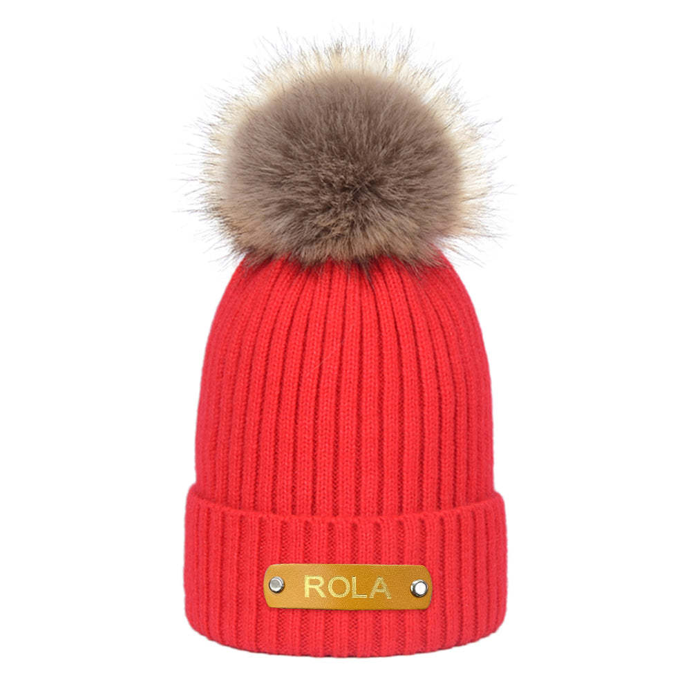 Personalized Kid Beanie Hat Custom Name Leather Patch Toddler Knit Cap for Girls Boys - FaceSocksUsa