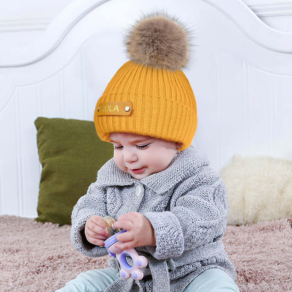 Personalized Kid Beanie Hat Custom Name Leather Patch Toddler Knit Cap for Girls Boys - FaceSocksUsa