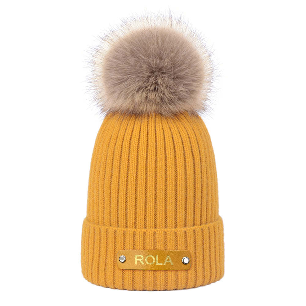 Personalized Kid Beanie Hat Custom Name Leather Patch Toddler Knit Cap for Girls Boys - FaceSocksUsa