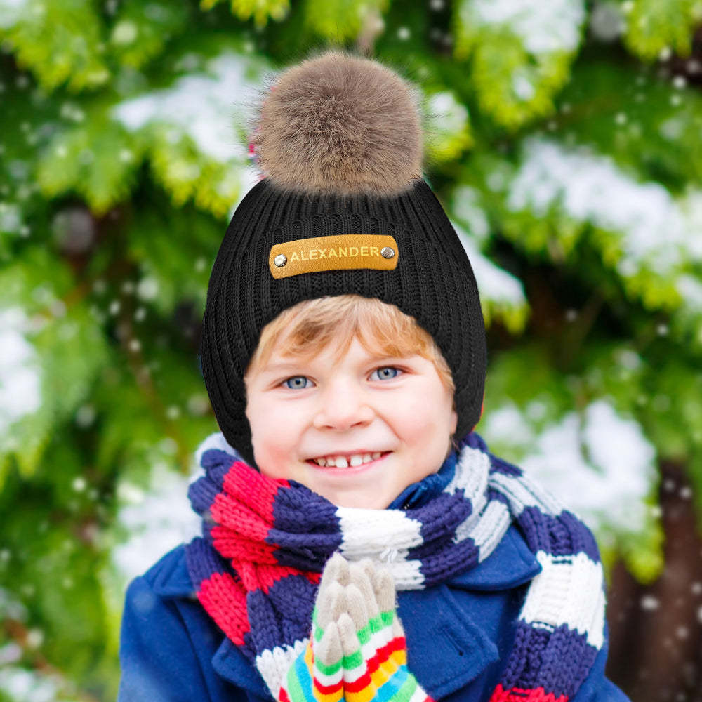 Personalized Kid Beanie Hat Custom Name Leather Patch Toddler Knit Cap for Girls Boys - FaceSocksUsa