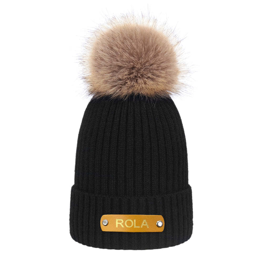 Personalized Kid Beanie Hat Custom Name Leather Patch Toddler Knit Cap for Girls Boys - FaceSocksUsa