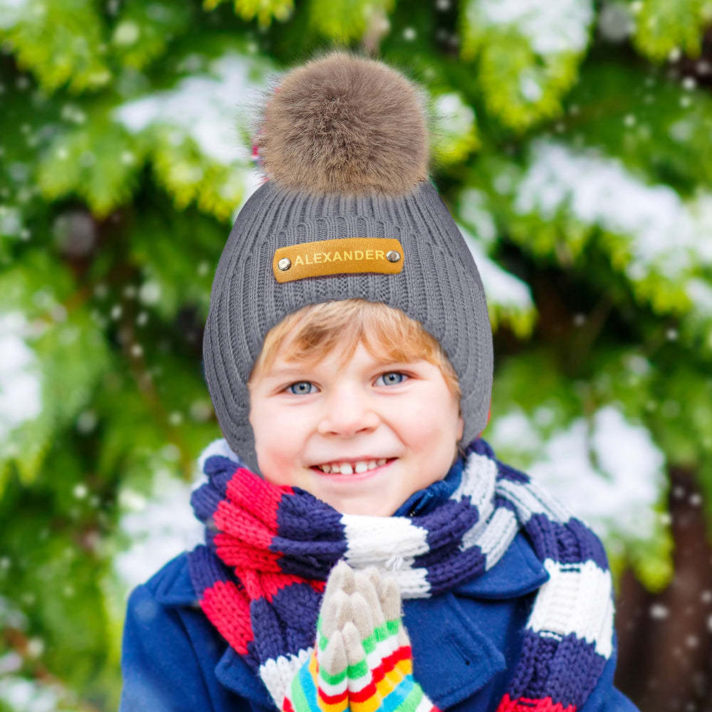 Personalized Kid Beanie Hat Custom Name Leather Patch Toddler Knit Cap for Girls Boys - FaceSocksUsa