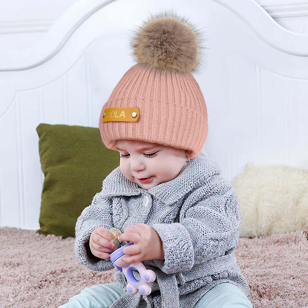 Personalized Kid Beanie Hat Custom Name Leather Patch Toddler Knit Cap for Girls Boys - FaceSocksUsa