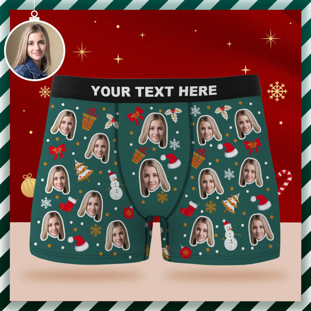 Custom Face Boxer Briefs Personalized Green Underwear Merry Christmas Gift for Him - FaceSocksUSA