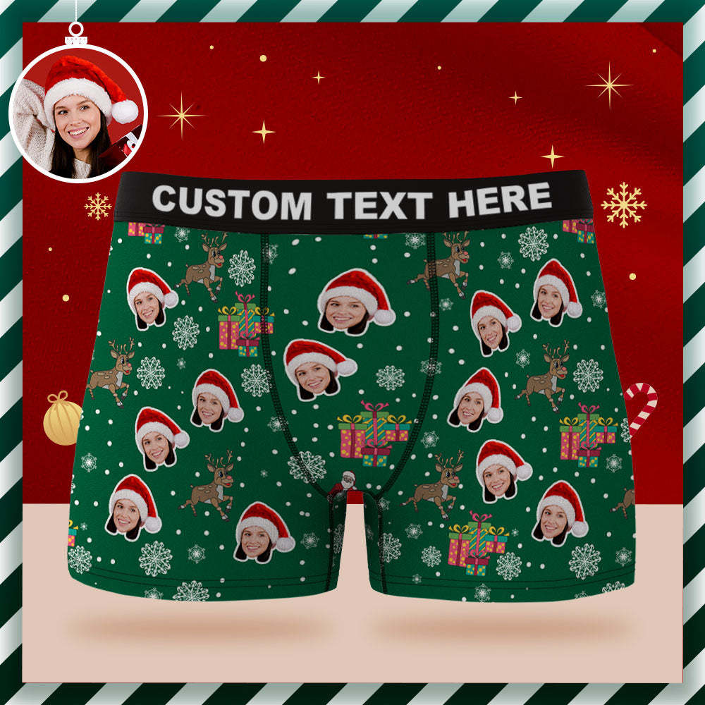 Custom Face Boxer Briefs Personalized Green Underwear Santa Claus and Elk Merry Christmas Gifts for Him	 - FaceSocksUSA