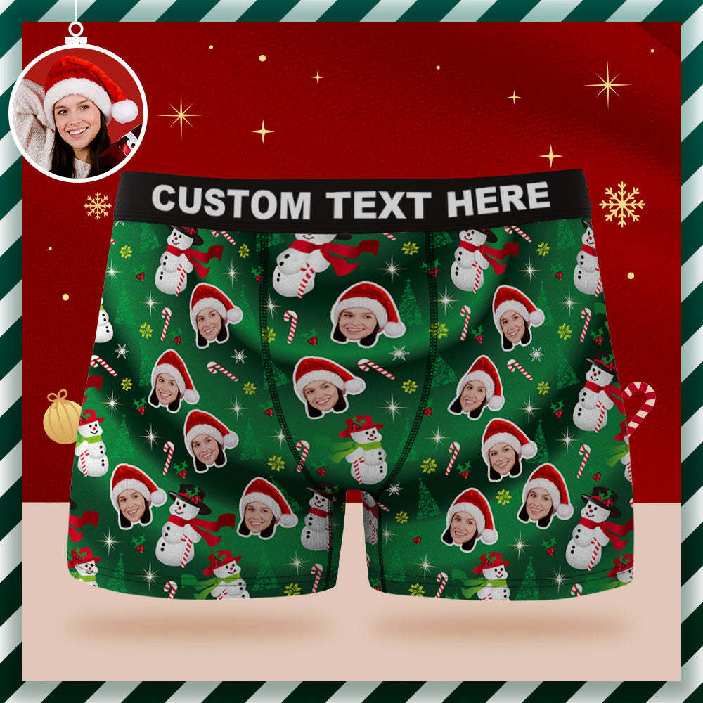 Custom Face Boxer Briefs Personalized Green Underwear Snowman Christmas Gifts for Him - FaceSocksUSA