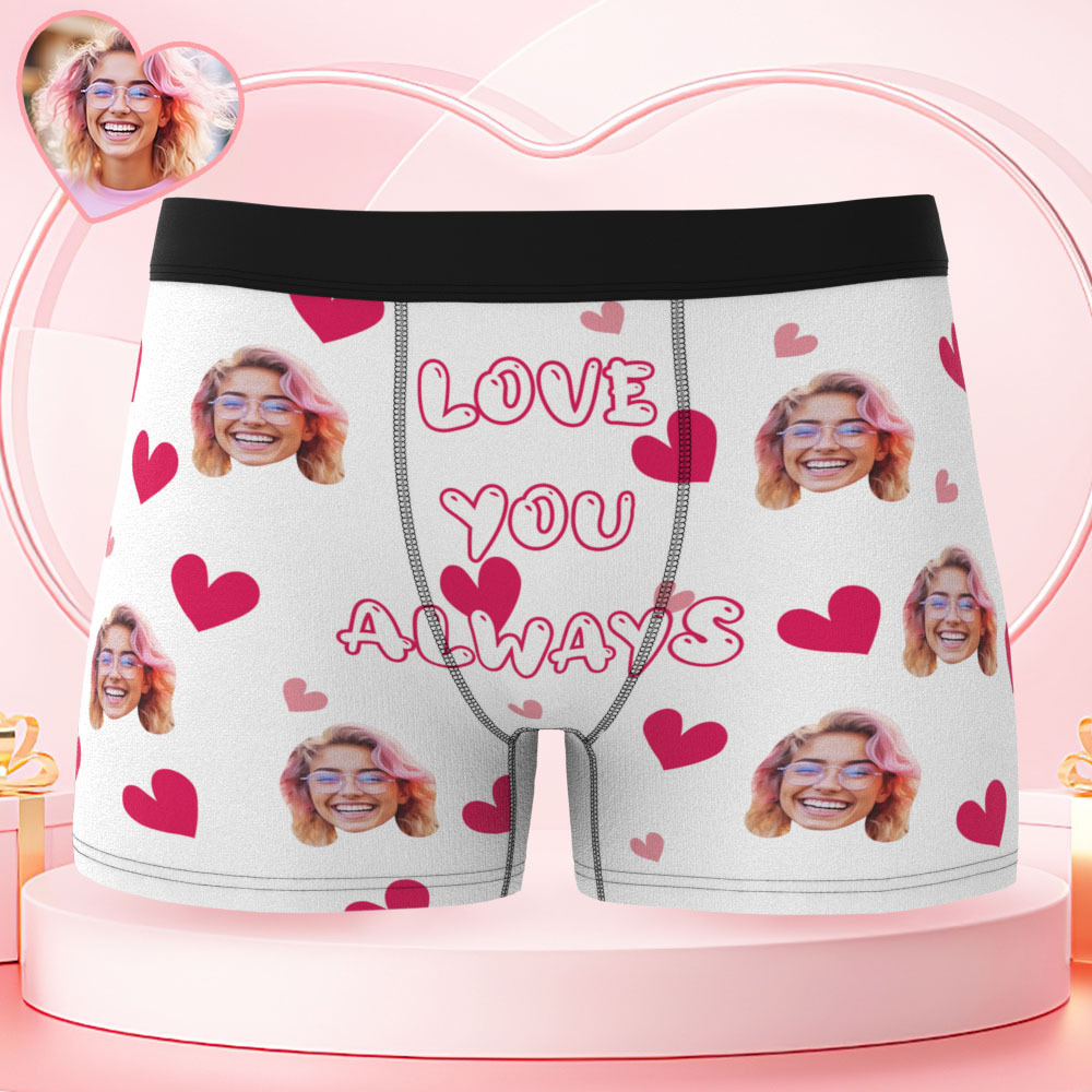 Valentine's Day Gifts Custom Face Men's Underwear Love You Always Personalized Boxer Briefs Gifts for Him Waistband Text Boxers - FaceSocksUSA