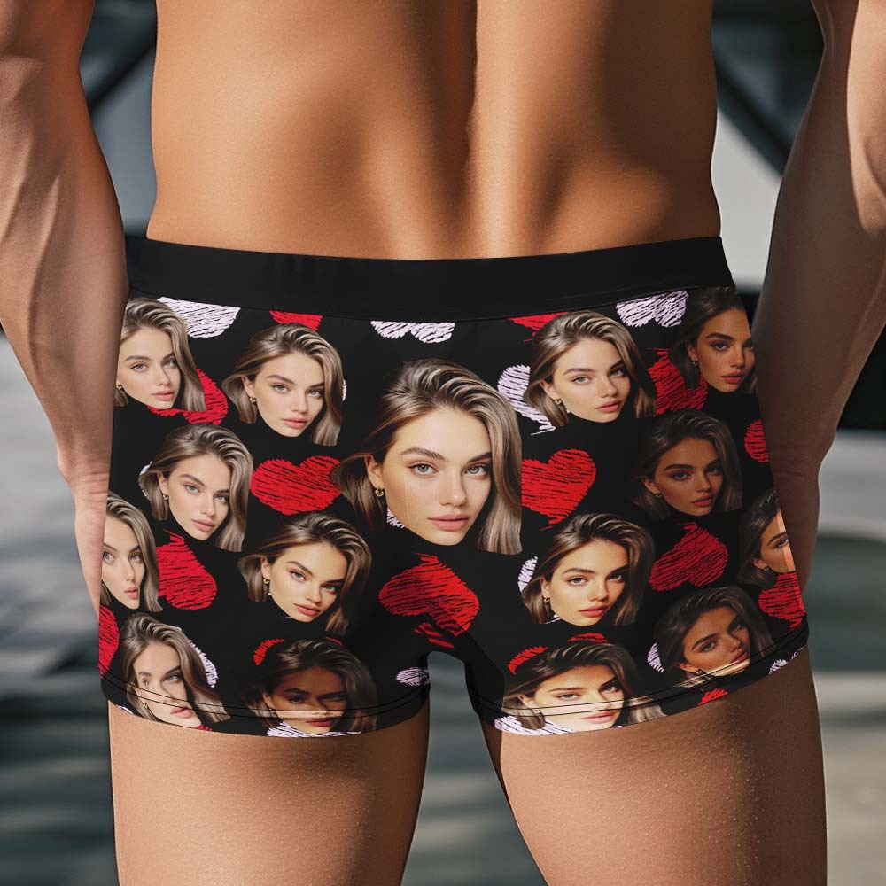 Custom Face Underwear Men's Boxer Briefs Personalized Photo Boxers Breathable Ice Silk Red and Pink Heart - FaceSocksUSA