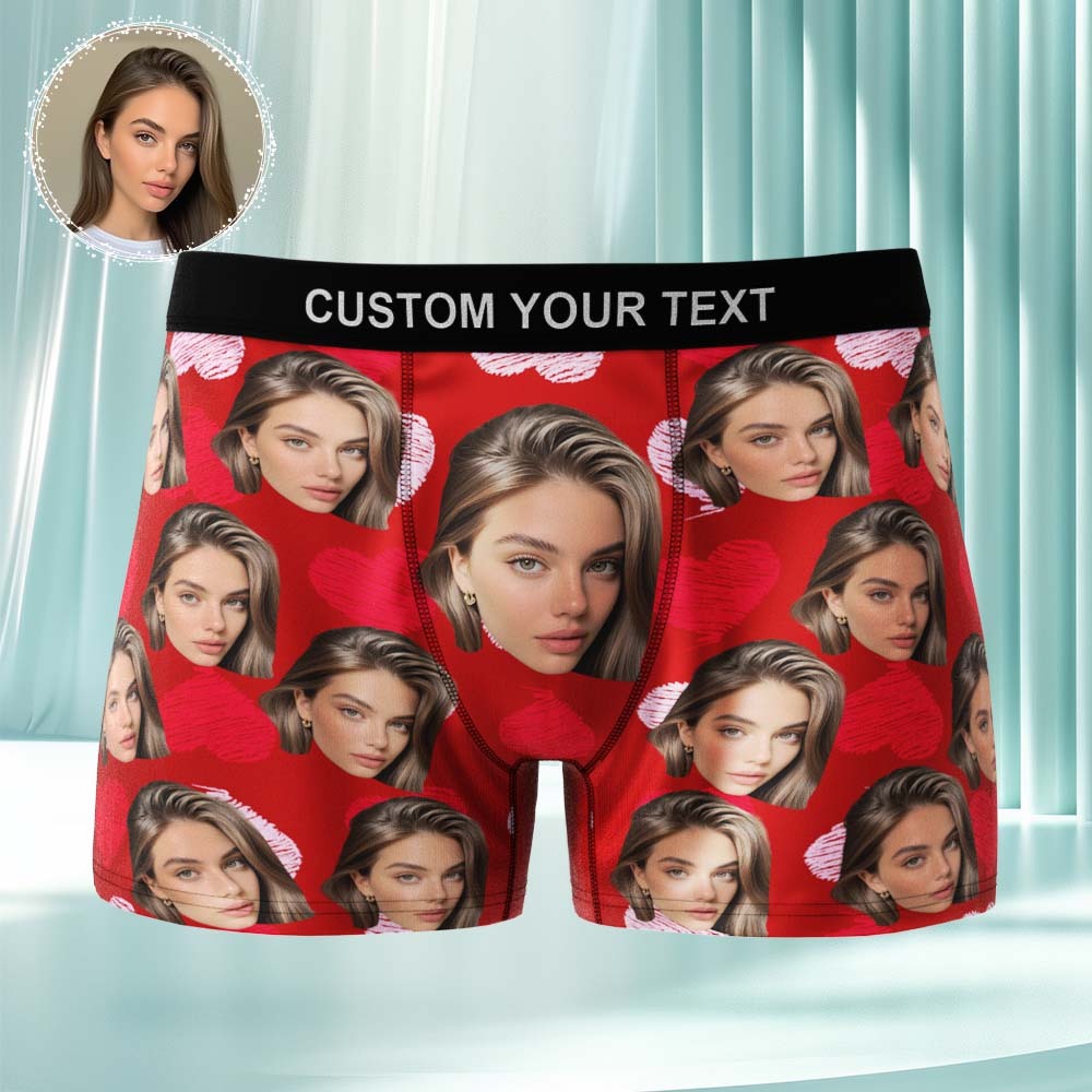 Custom Face Underwear Men's Boxer Briefs Personalized Photo Boxers Breathable Ice Silk Red and Pink Heart - FaceSocksUSA