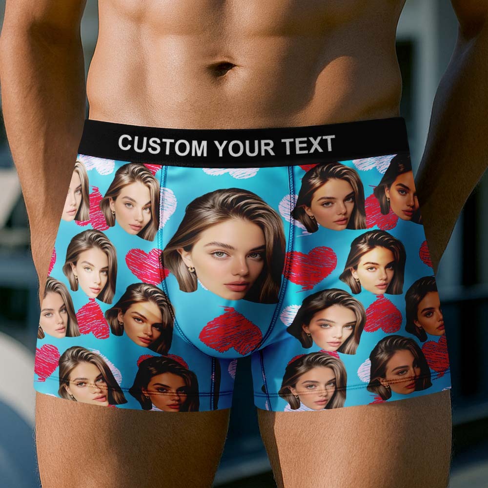 Custom Face Underwear Men's Boxer Briefs Personalized Photo Boxers Breathable Ice Silk Red and Pink Heart - FaceSocksUSA