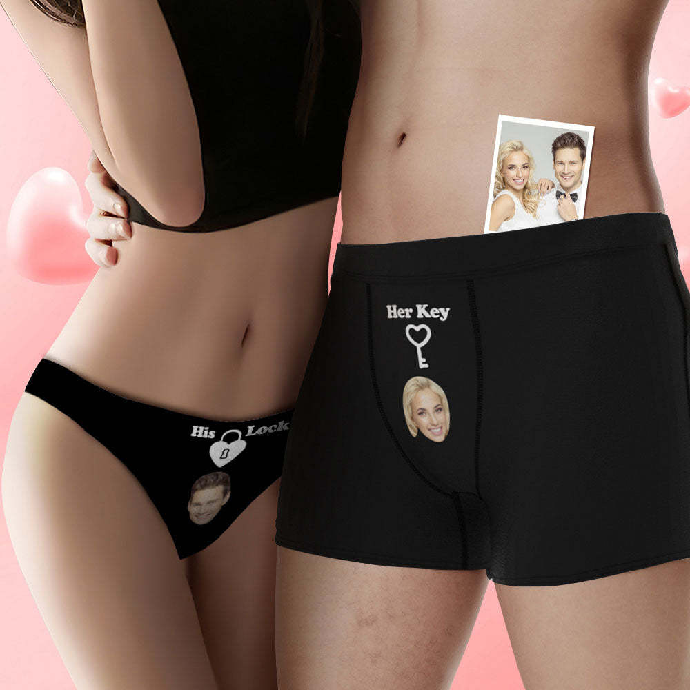 Custom Face Lock and Key Couple Underwear Personalized Underwear Valentine's Day Gift	 - FaceSocksUSA
