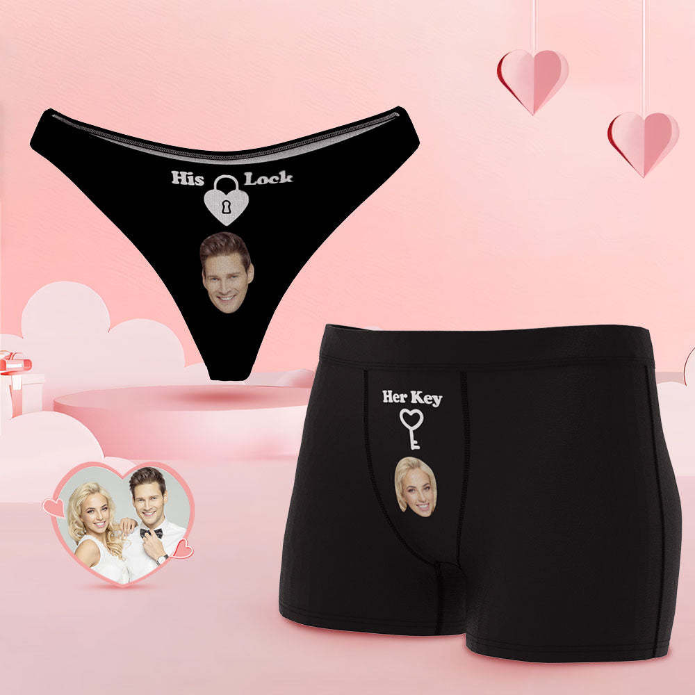Custom Face Lock and Key Couple Underwear Personalized Underwear Valentine's Day Gift	 - FaceSocksUSA