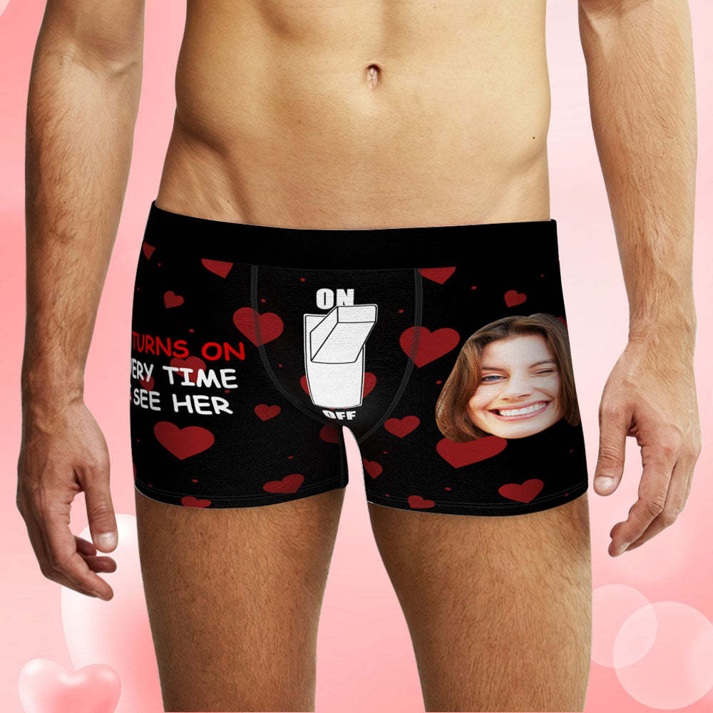 Custom Face Boxer Briefs Personalized Underwear IT TURNS ON EVERY TIME I SEE HER Valentine's Day Gifts for Him - FaceSocksUSA