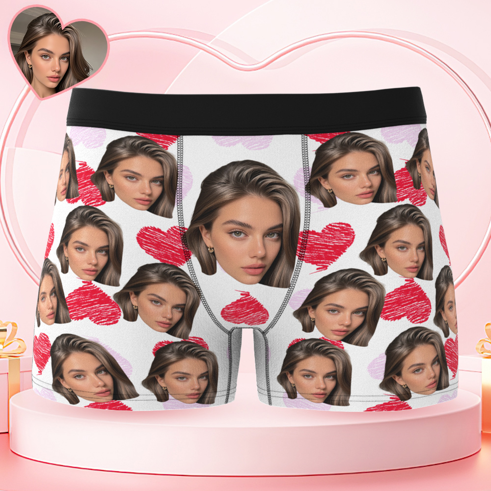 Custom Big Face Boxer Shorts Personalized Colorful Waistband Boxer Briefs Red and Pink Hearts Christmas Gifts for Boyfriend - FaceSocksUSA