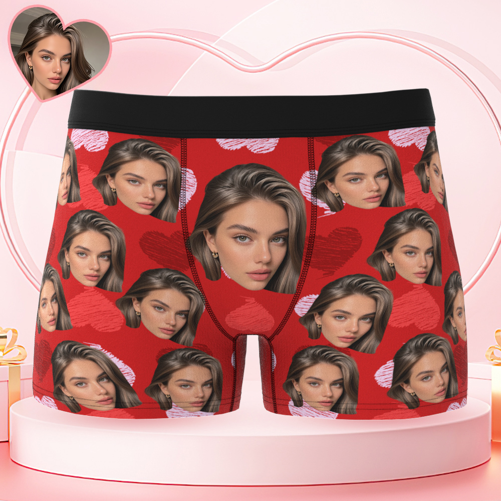 Custom Big Face Boxer Shorts Personalized Colorful Waistband Boxer Briefs Red and Pink Hearts Christmas Gifts for Boyfriend - FaceSocksUSA