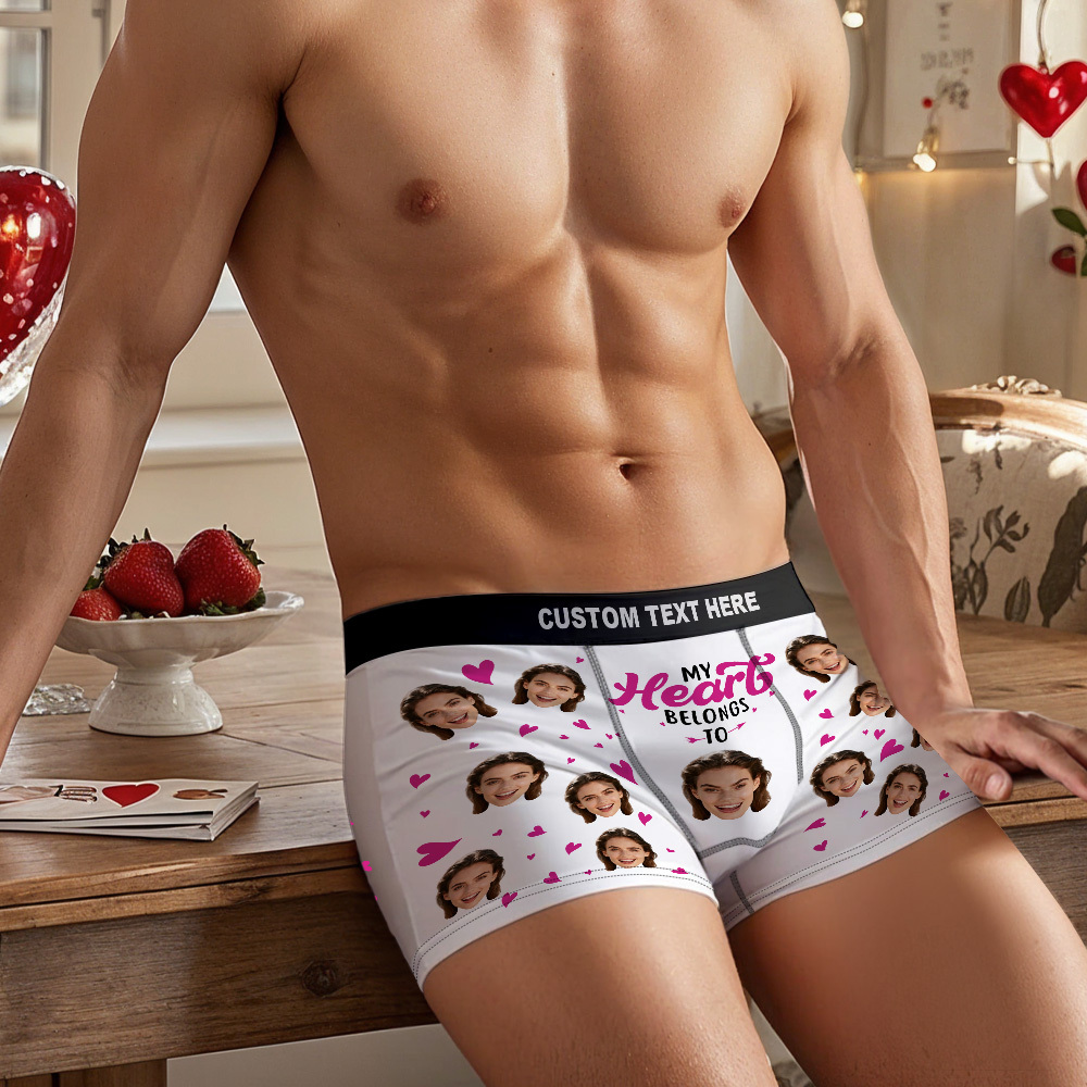 Personalized Face Boxer Briefs Funny Photo Underwear My Heart Belongs to Her Gift for Men - FaceSocksUSA