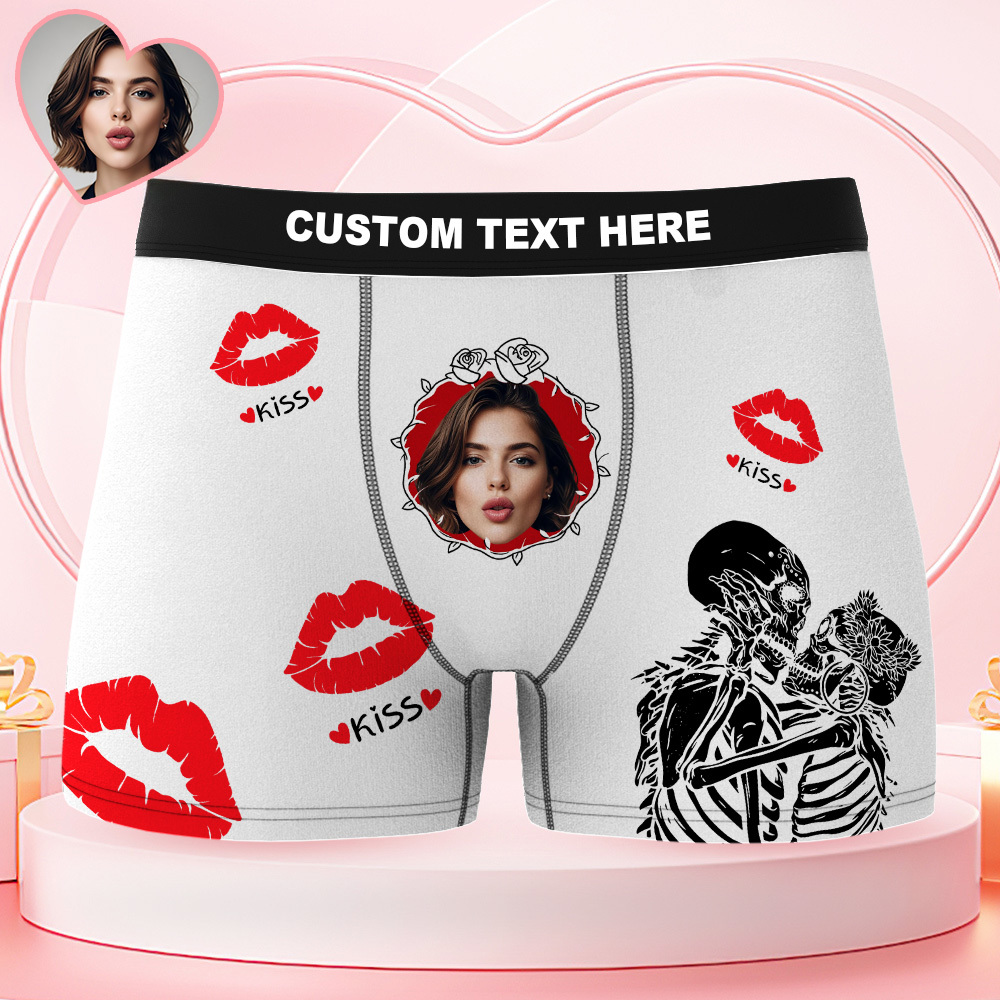 Valentine's Day Gifts Custom Face Men's Underwear Skeleton Goth Couple Style Boxer Briefs Birthday Gifts for Husband, Waistband Text Boxers - FaceSocksUSA