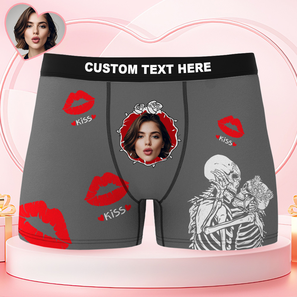 Valentine's Day Gifts Custom Face Men's Underwear Skeleton Goth Couple Style Boxer Briefs Birthday Gifts for Husband, Waistband Text Boxers - FaceSocksUSA