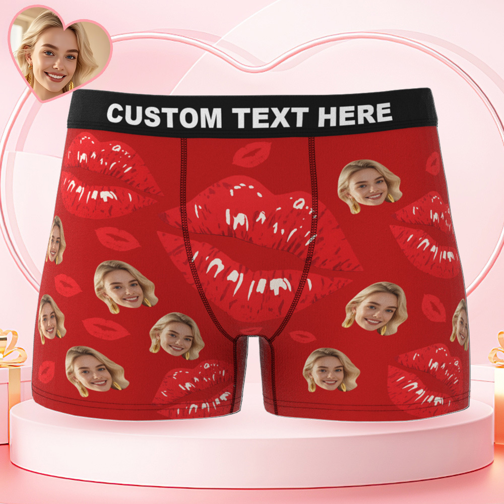 Custom Face Men's Underwear Personalized Photo Men's Boxer Briefs Valentine's Gifts Red Lip Boxers - FaceSocksUSA