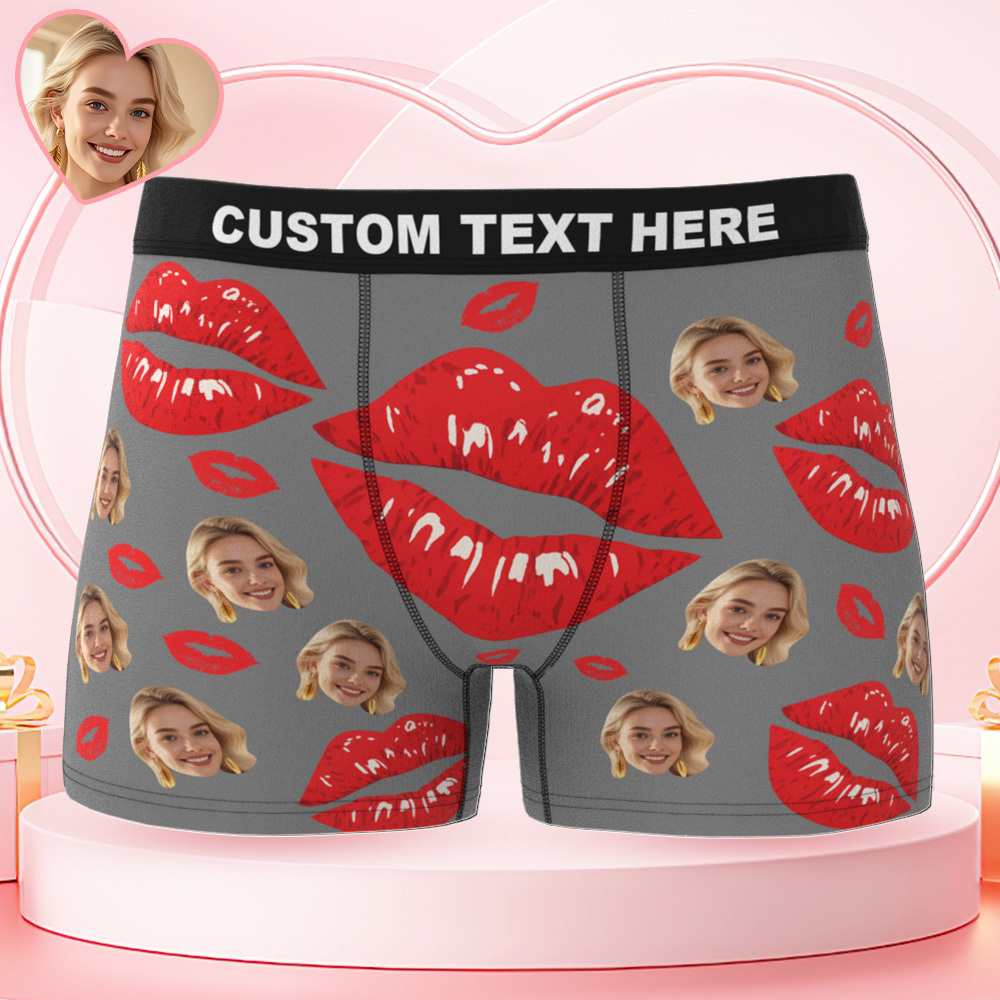 Custom Face Men's Underwear Personalized Photo Men's Boxer Briefs Valentine's Gifts Red Lip Boxers - FaceSocksUSA